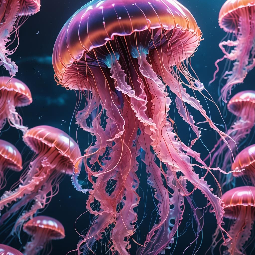 Neon Jellyfish in Deep Ocean, Hyperrealistic Splash Art
