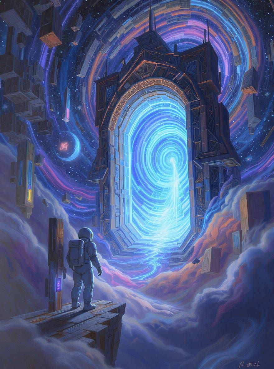 Astronaut and Leaking Portals in Surreal Sky