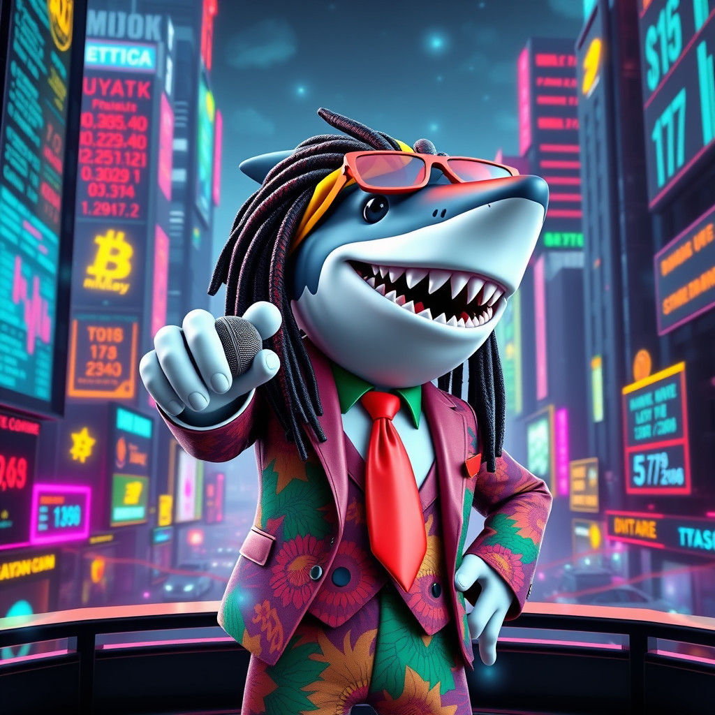 Reggae Shark Promoting Crypto in Psychedelic Cityscape