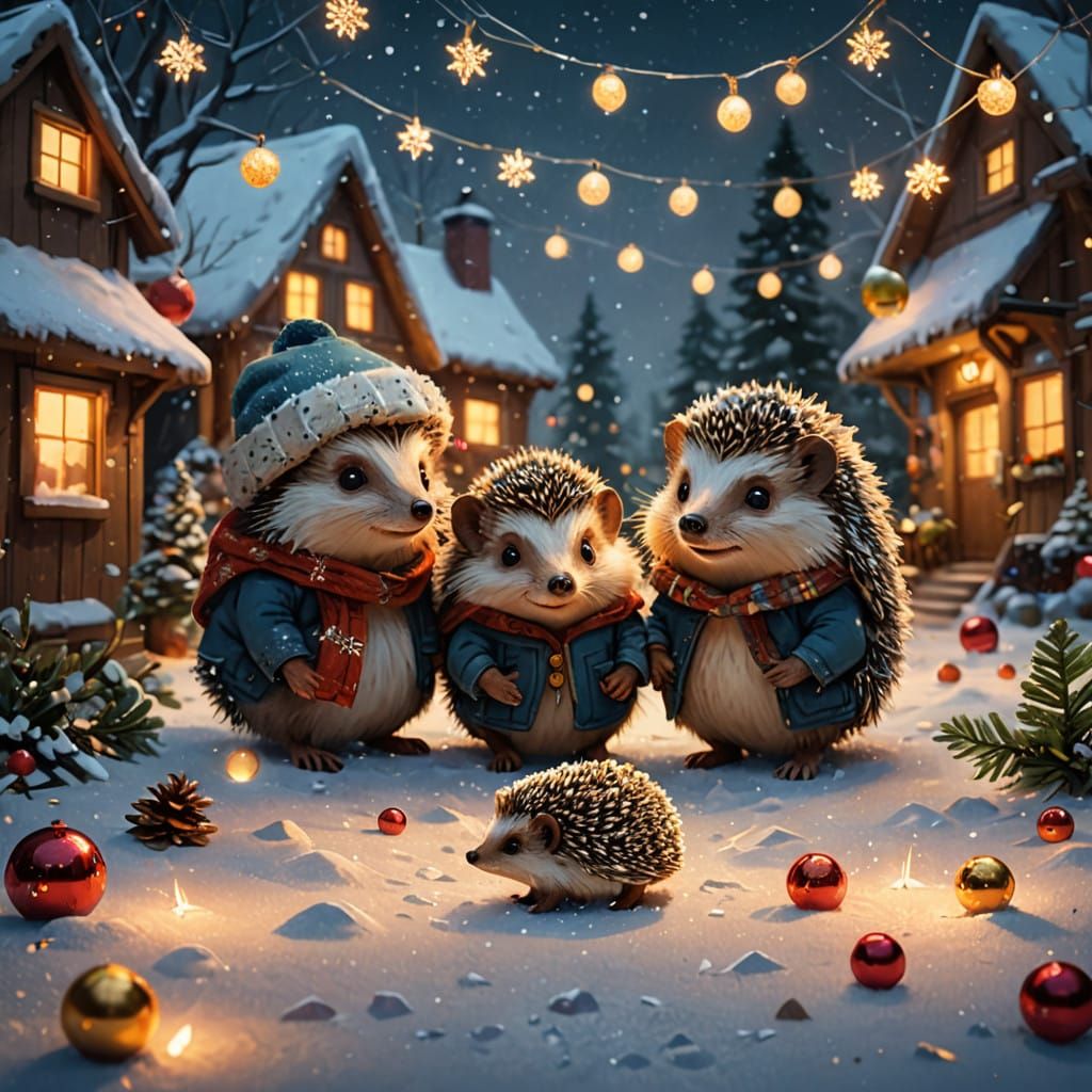 Whimsical Winter Wonderland with Hedgehog Family and Vibrant...