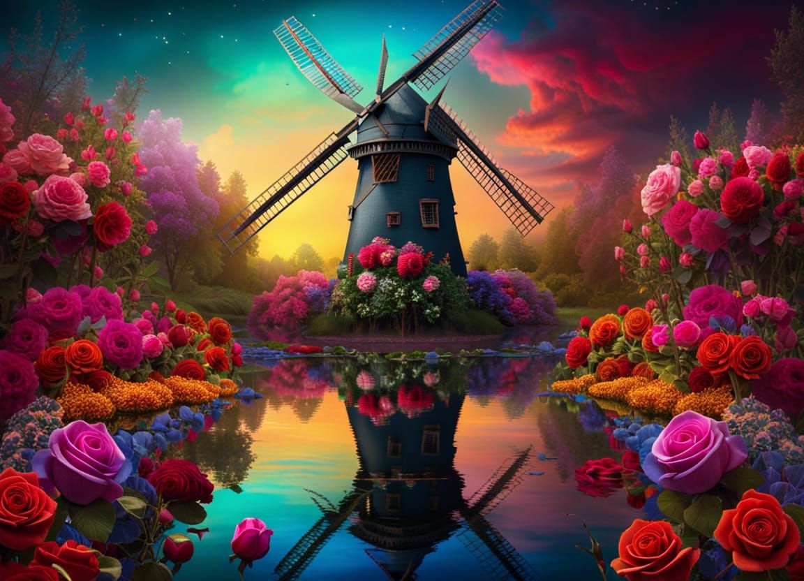 Majestic Windmill on River of Roses: Fantasy Art