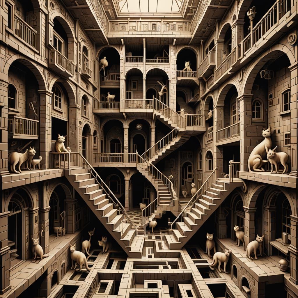 Escher-Inspired Cat Gaze in Maze of Mirrors