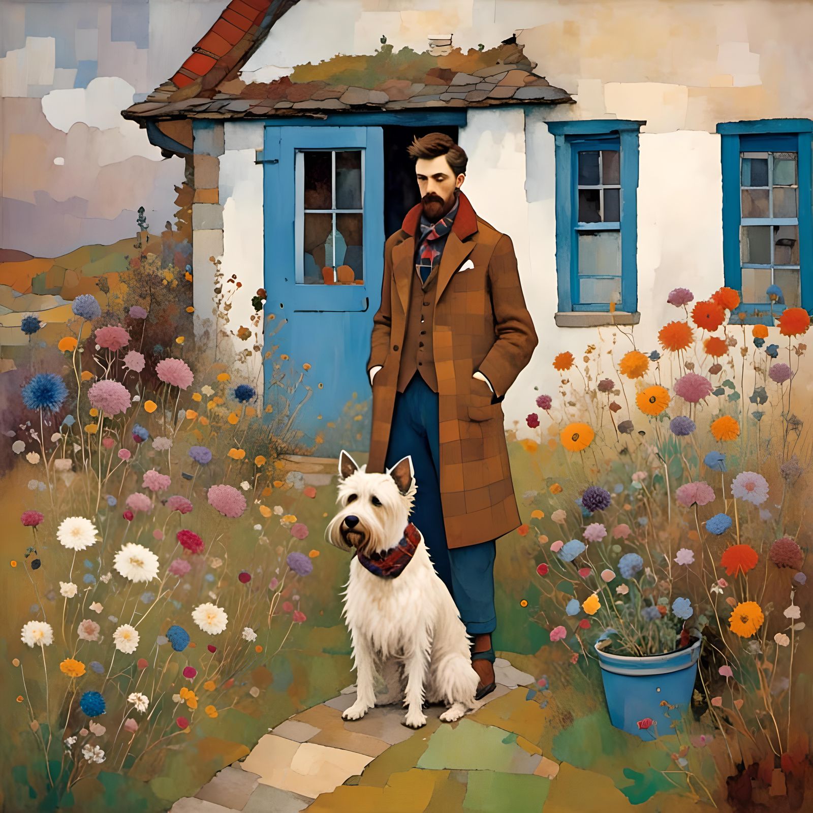 Scottish Terrier and Tweed in Autumn Garden