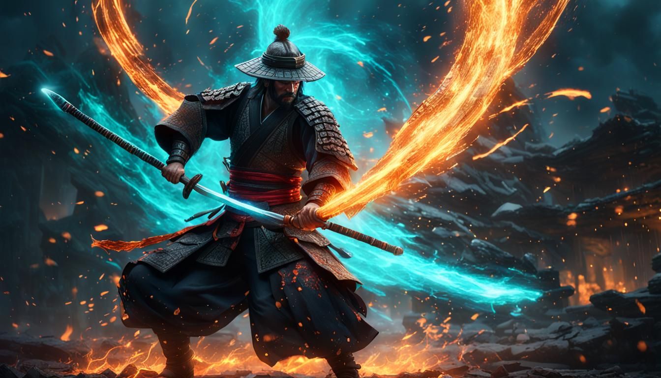 Samurai Warrior with Katana in Burning Flames