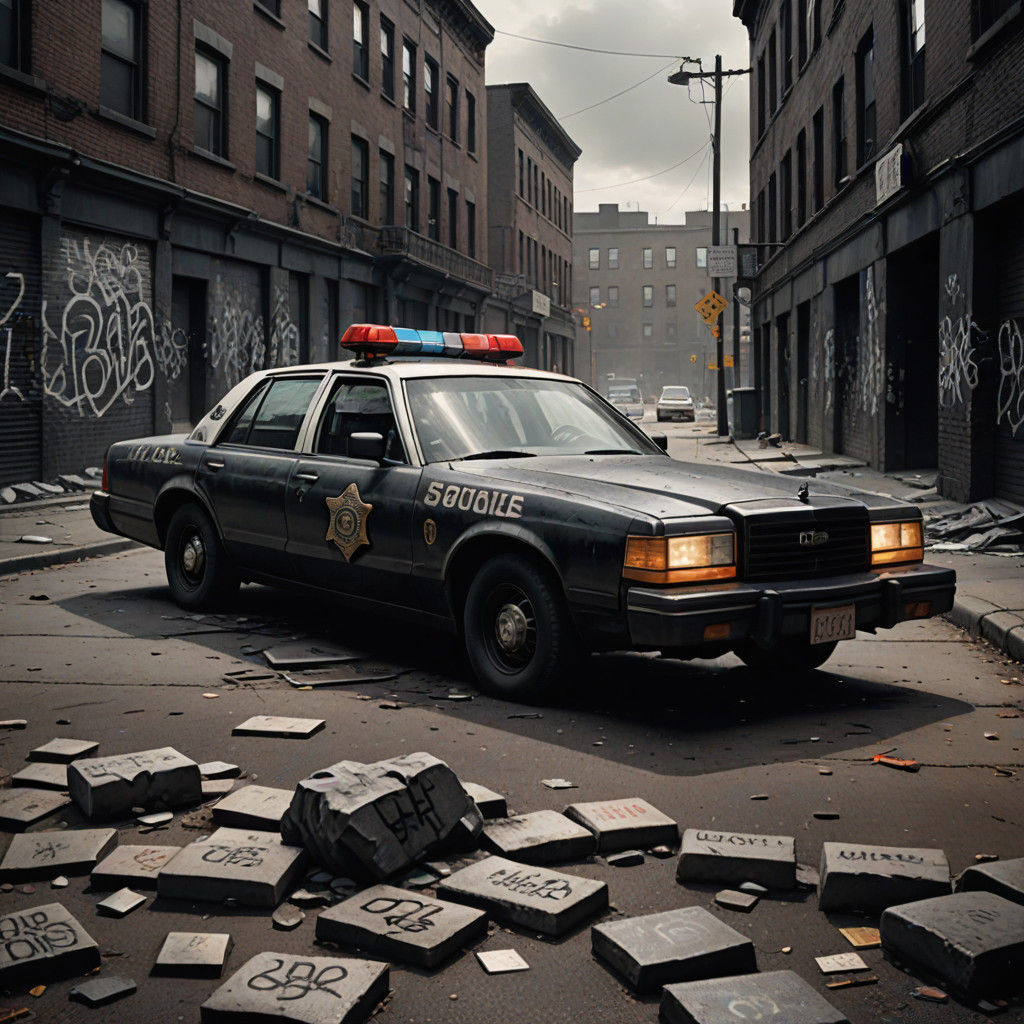 Graffiti-Tagged Police Car in Hyper-Realistic Charcoal Drawi...