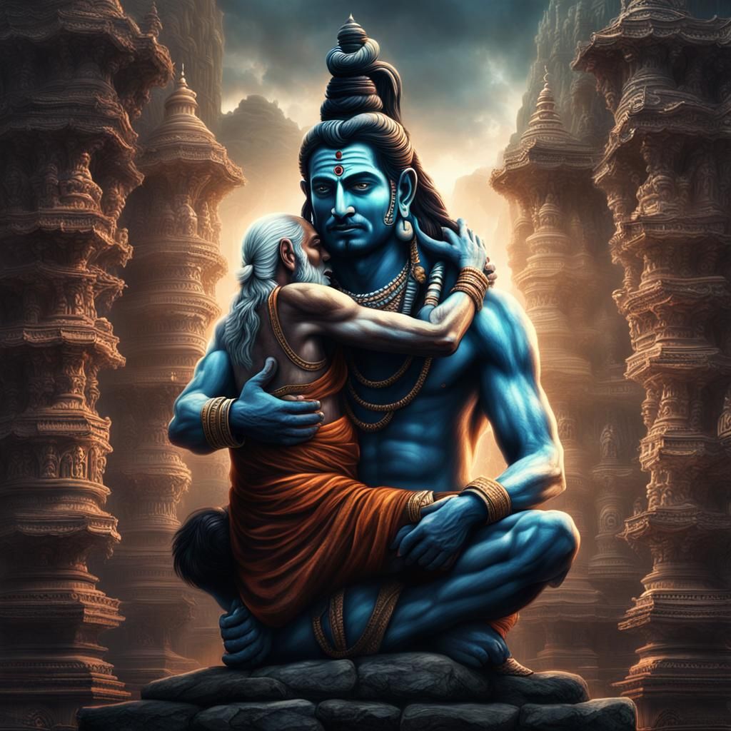 Lord Shiva Hugs Old Man: Hyperrealistic Digital Art