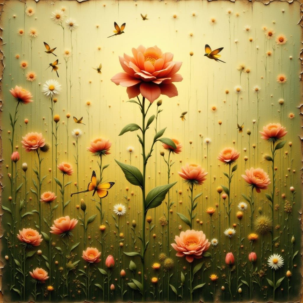 Peachy Rose in Meadow with Birds, Impressionist Style