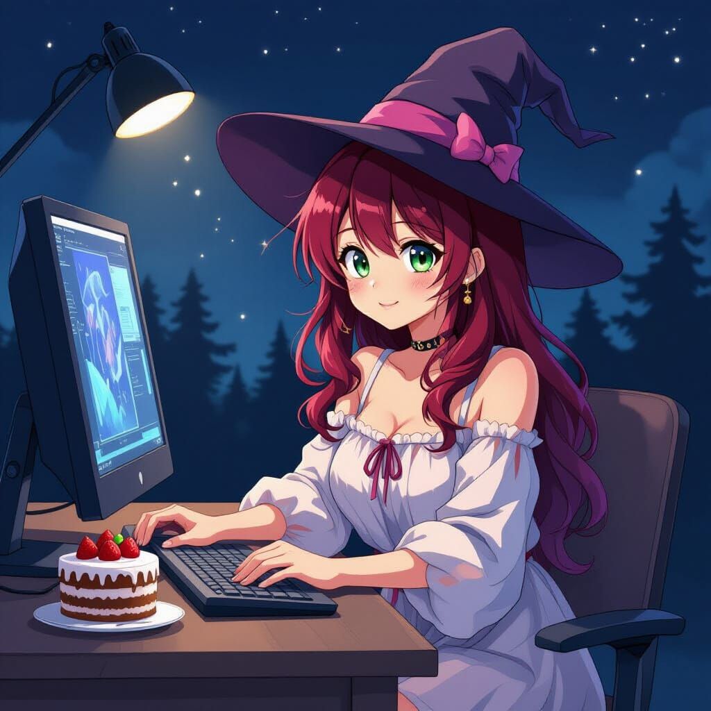 Crimson-Haired Anime Woman Creates Vibrant Art