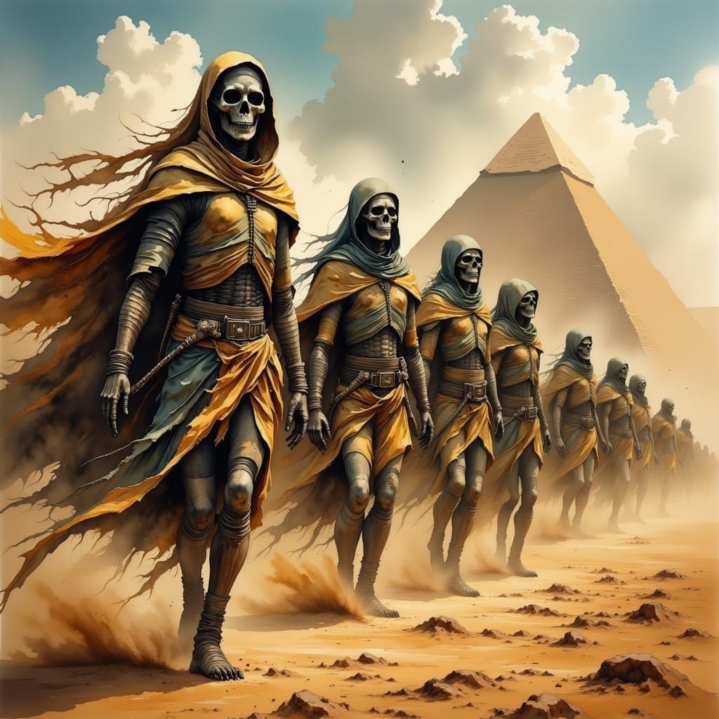 Egyptian Mummy Army Rising: Water-Ink Color Style