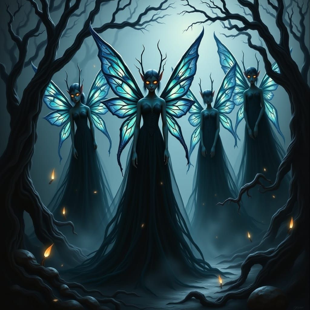 Mysterious Dark Fairy Elves in a Surreal Landscape