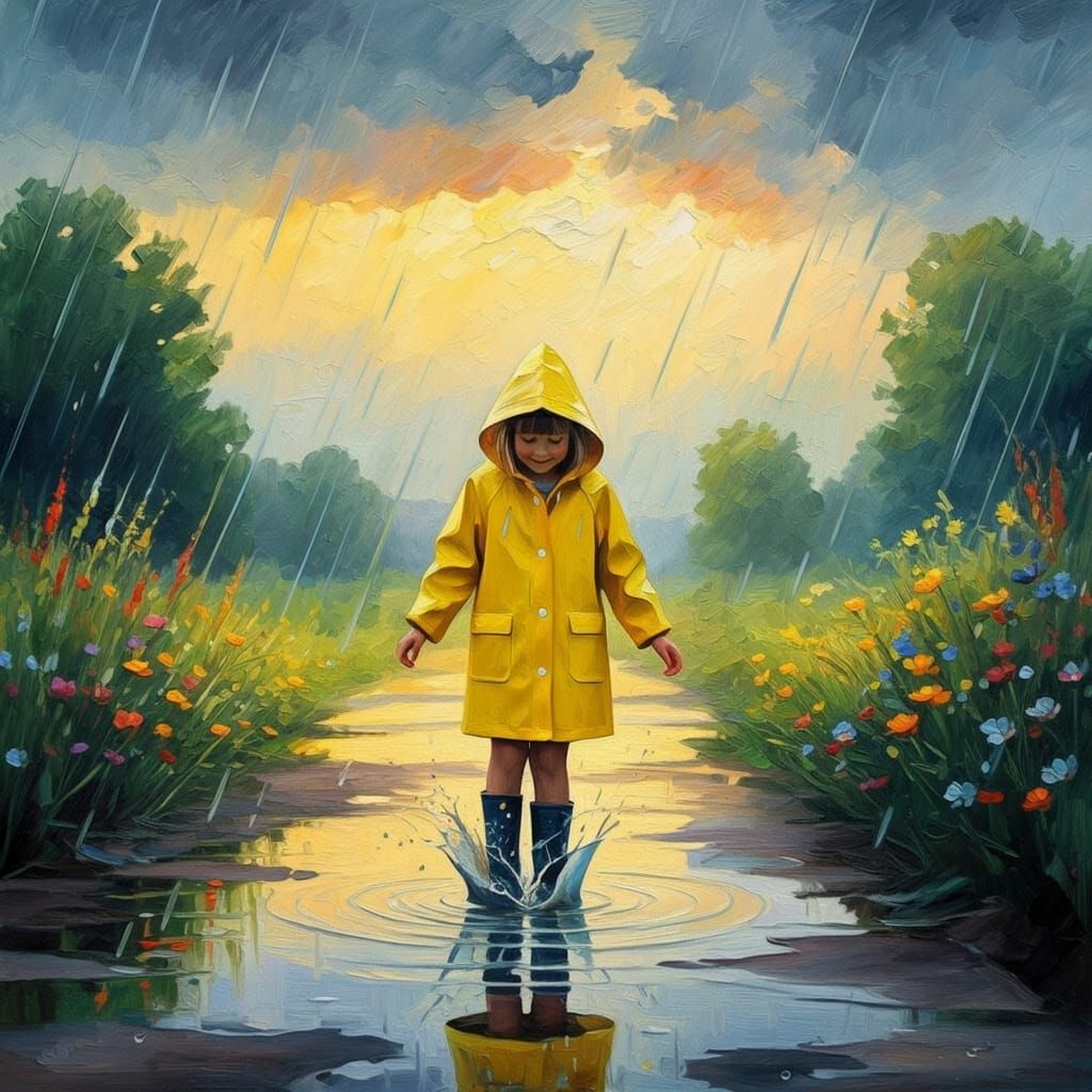 Child Splashing in Puddles, Impressionist Style