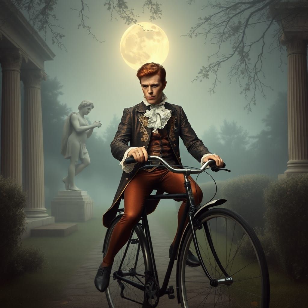 Bowie Rides Bicycle in Rococo Garden