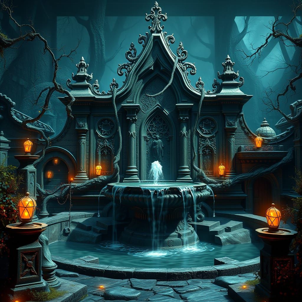 Mystical Gothic Fountain in Detailed Matte Painting Style