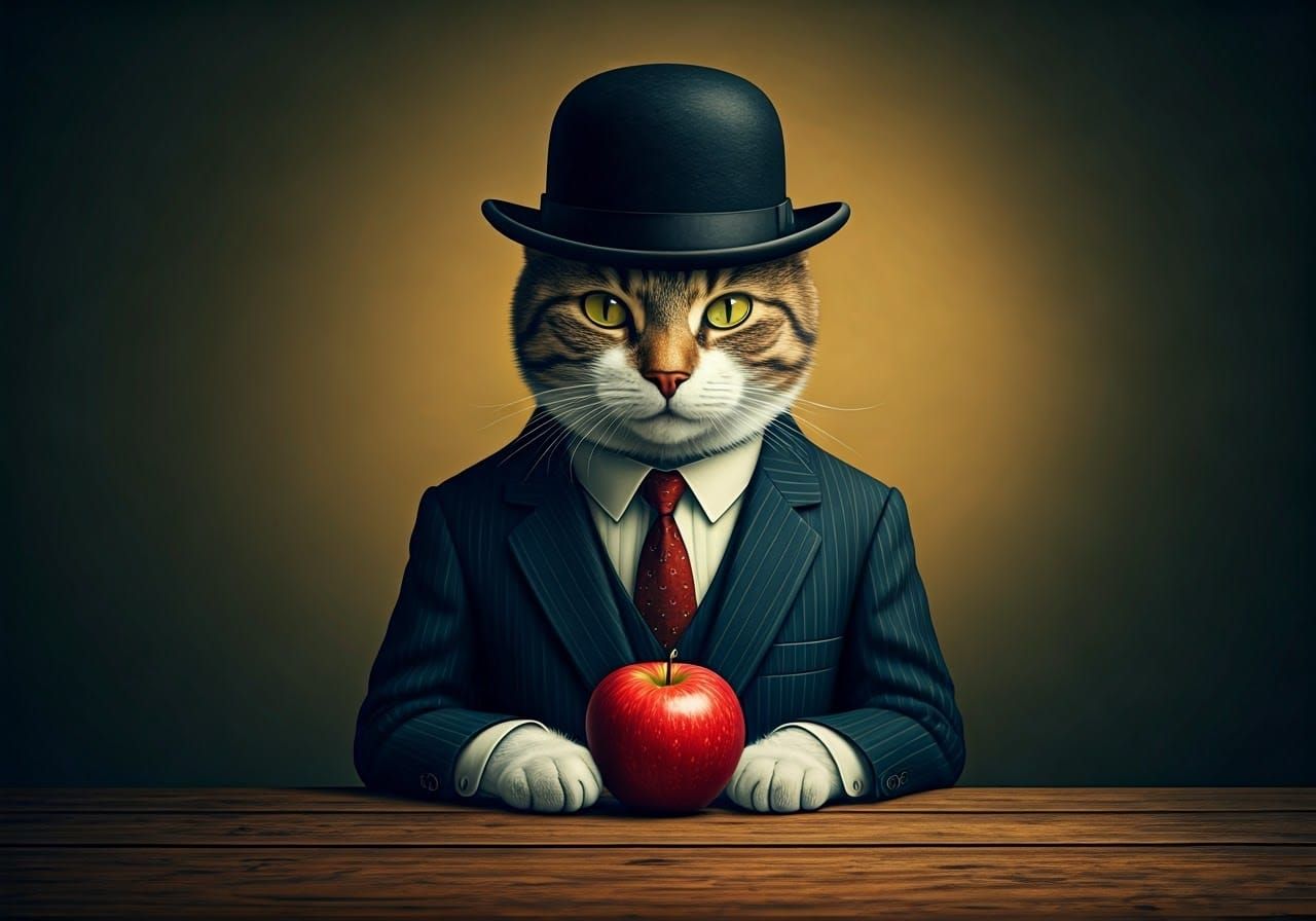 Style of Magritte, a cat with an apple 
covering his face