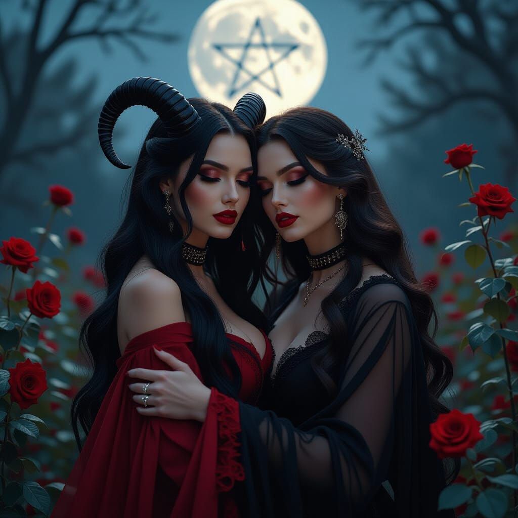 Two Goddesses Embrace in a Thorny Forest