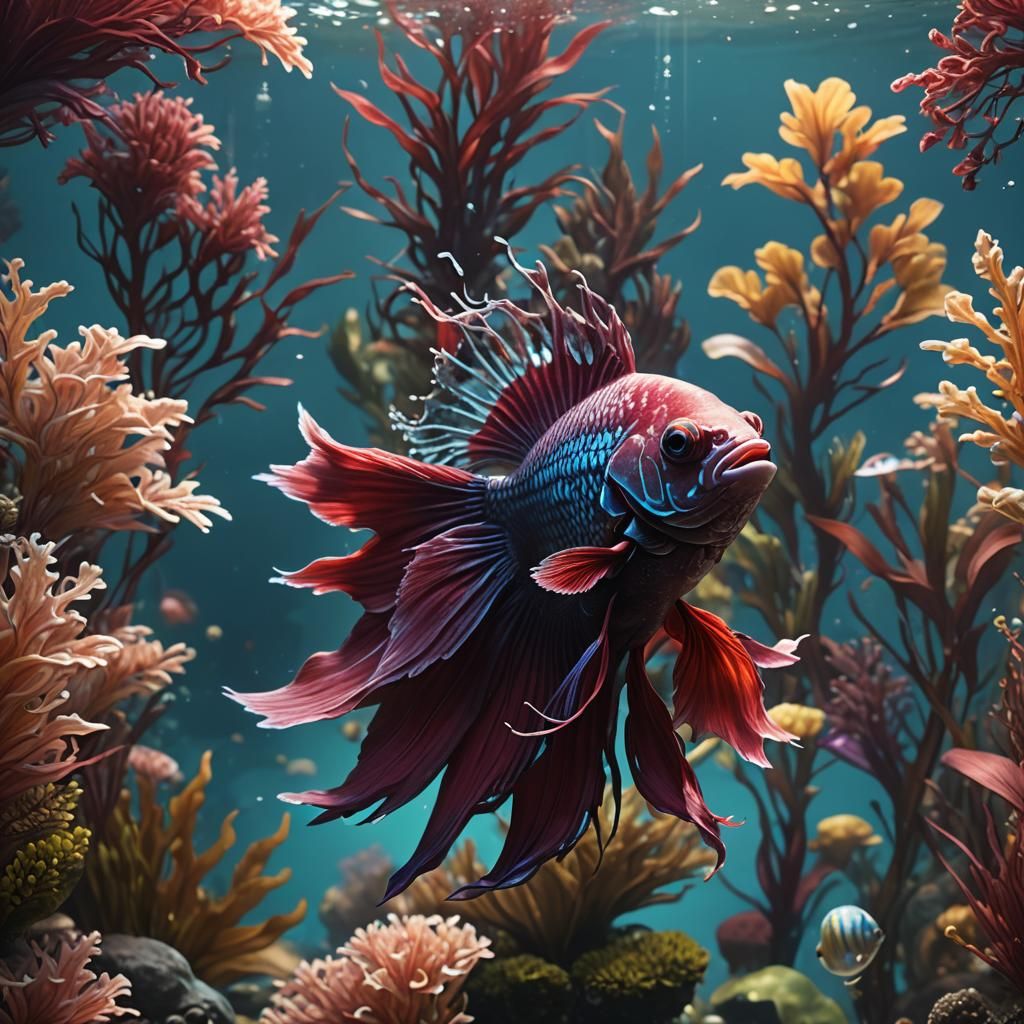 Detailed Underwater Beta Fish in Art Nouveau Style