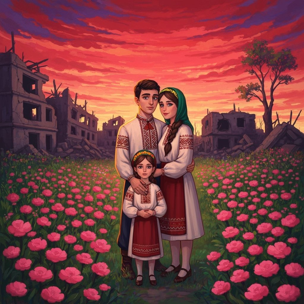 Ukrainian Family Embrace Amidst Ruins and Flowers
