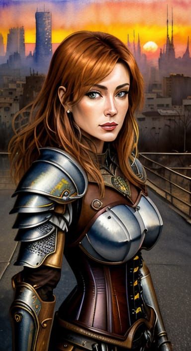Ethereal Cyborg Paladin in Post-Apocalyptic Cityscape at Sun...
