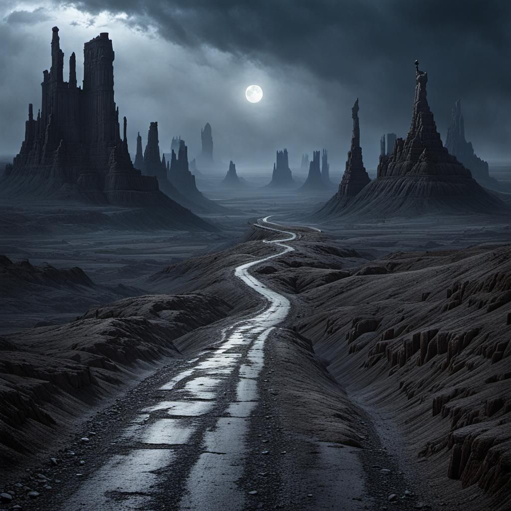 Eerie Badlands Landscape in Dark Fantasy Style