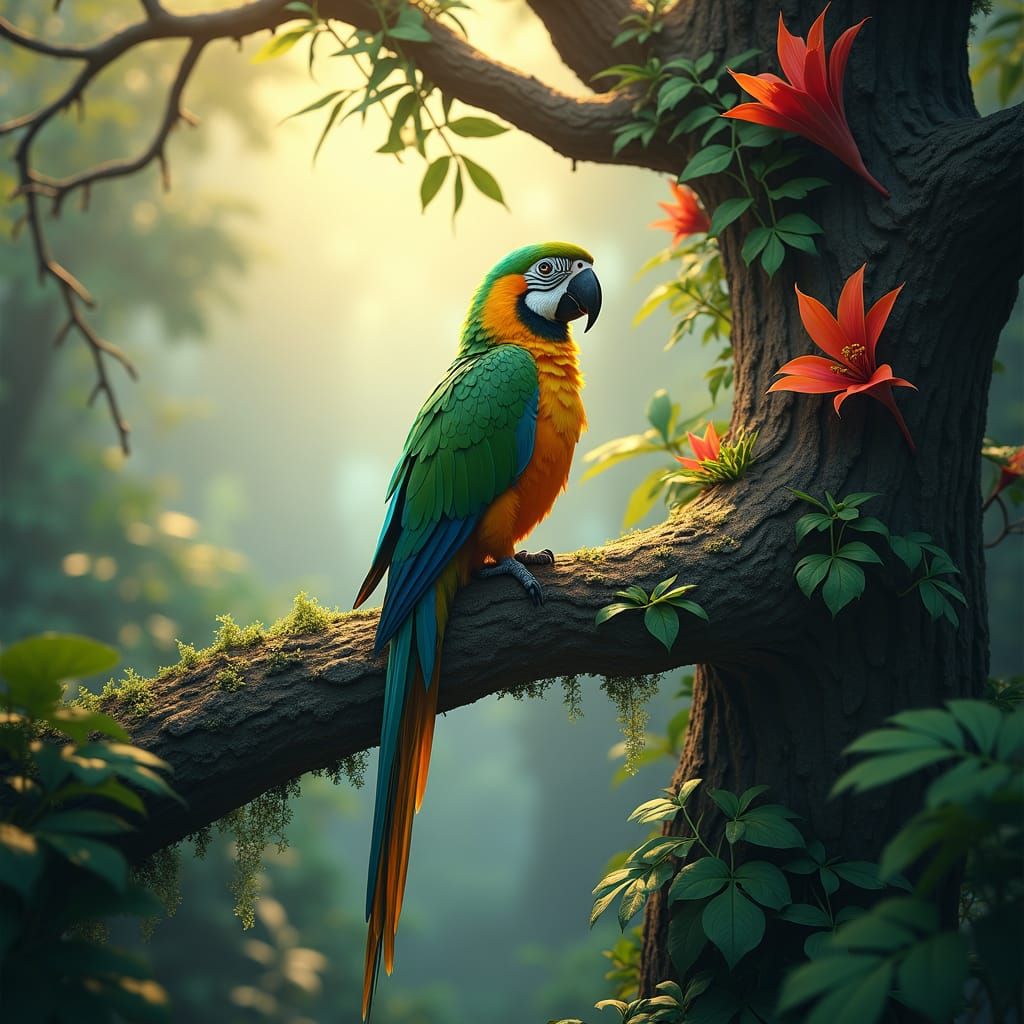 Vibrant Parrot in a Lush Rainforest, Fantasy Matte Painting