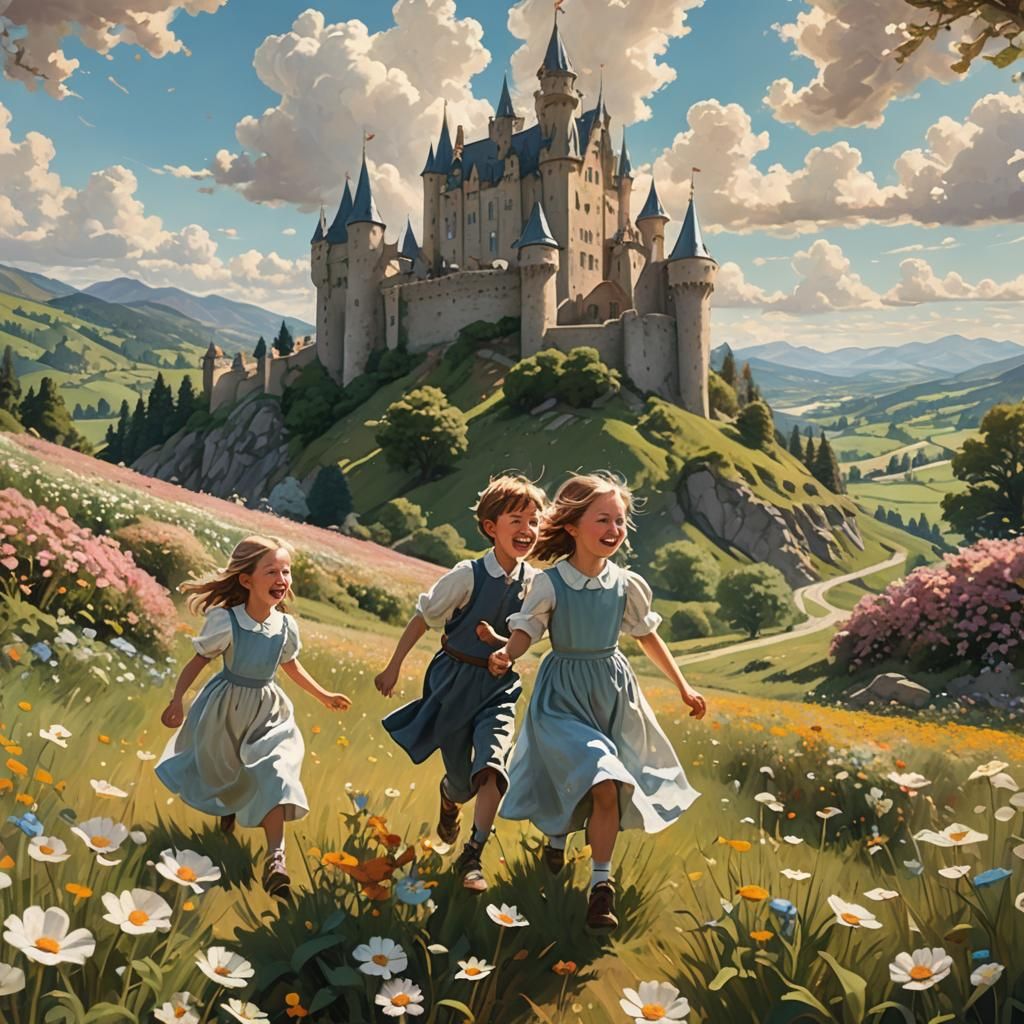 Children Playing in Sunlit Flower Field