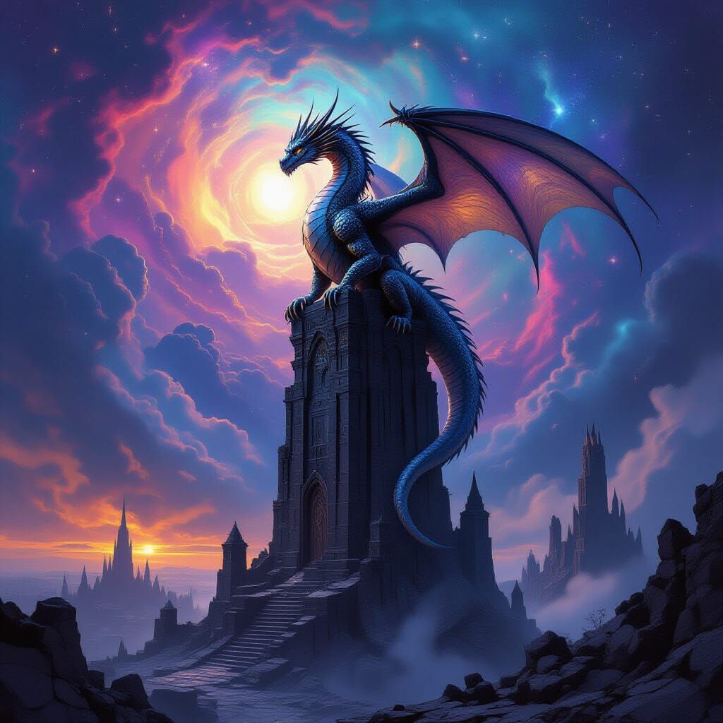 Majestic Dragon on Obsidian Tower in Nebula