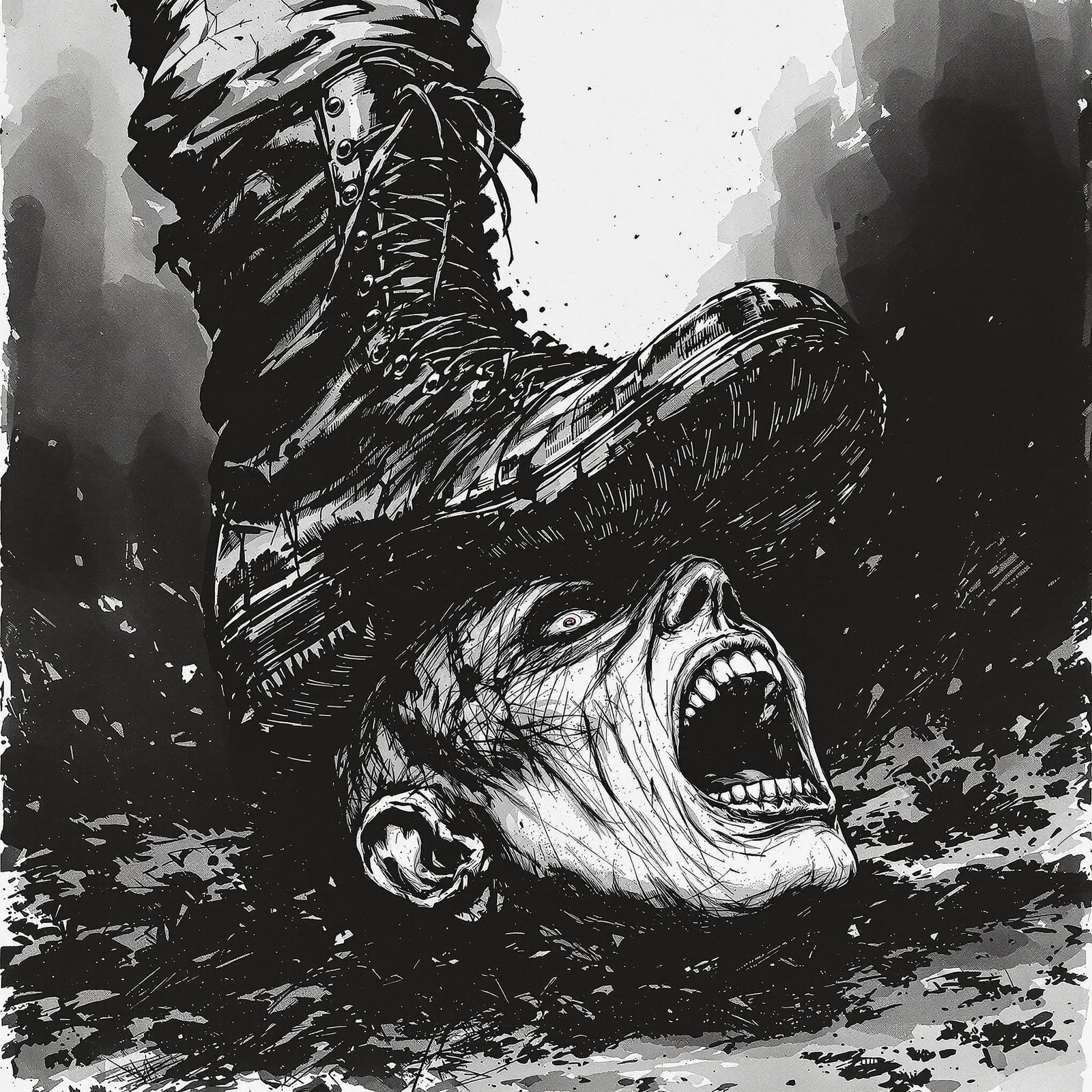 Crushing Boot: A Haunting Black-and-White Ink Drawing