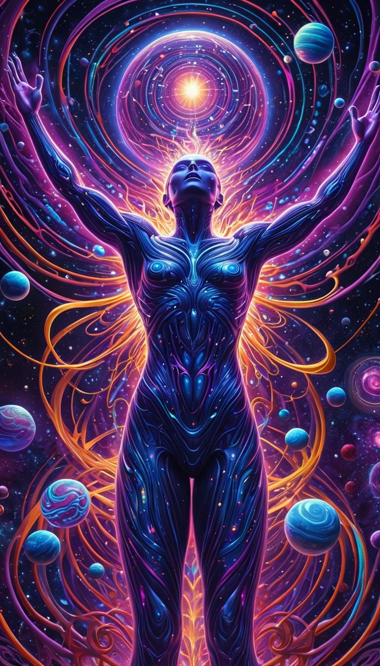 Cosmic Being Surrounded by Planets in Digital Art