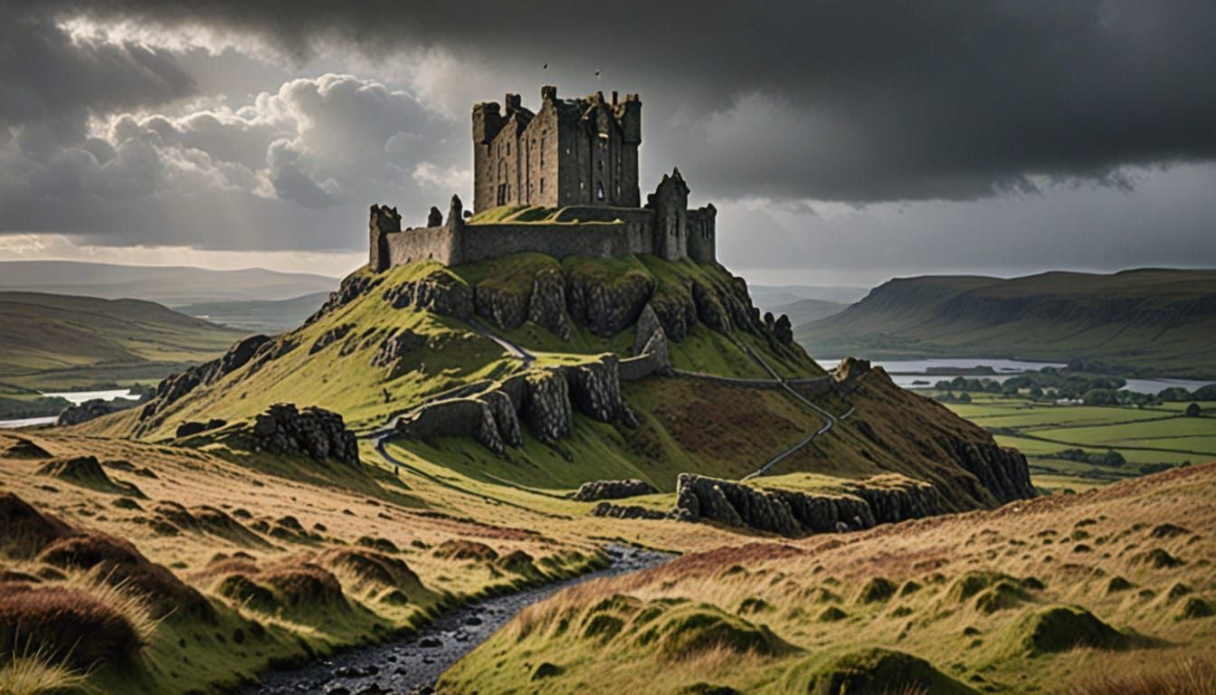 Muted Landscape of Scotland with Ruined Castle