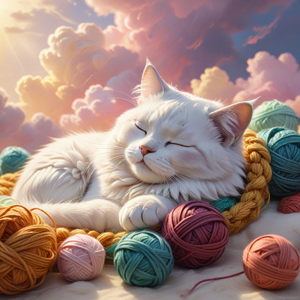Whimsical Anime Cat Sleeps on Pastel Clouds