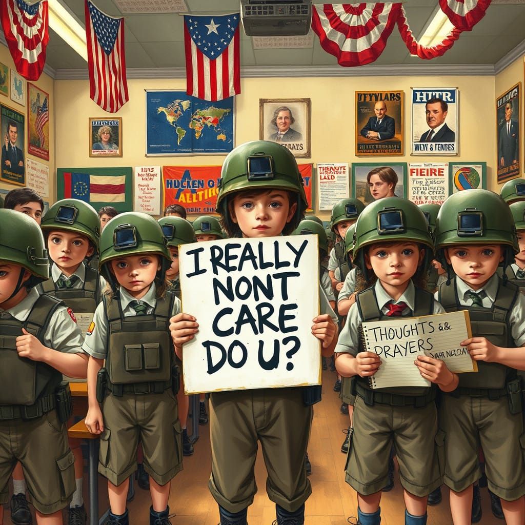 Children in School Uniforms Defy Politics in a Satirical Oil...