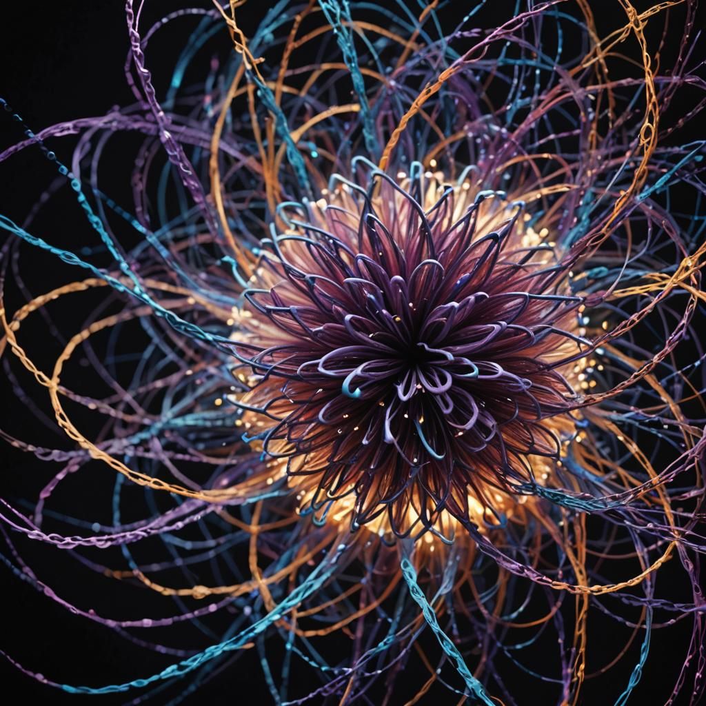 Exploding Atom in Swirling Vortex: String Artwork
