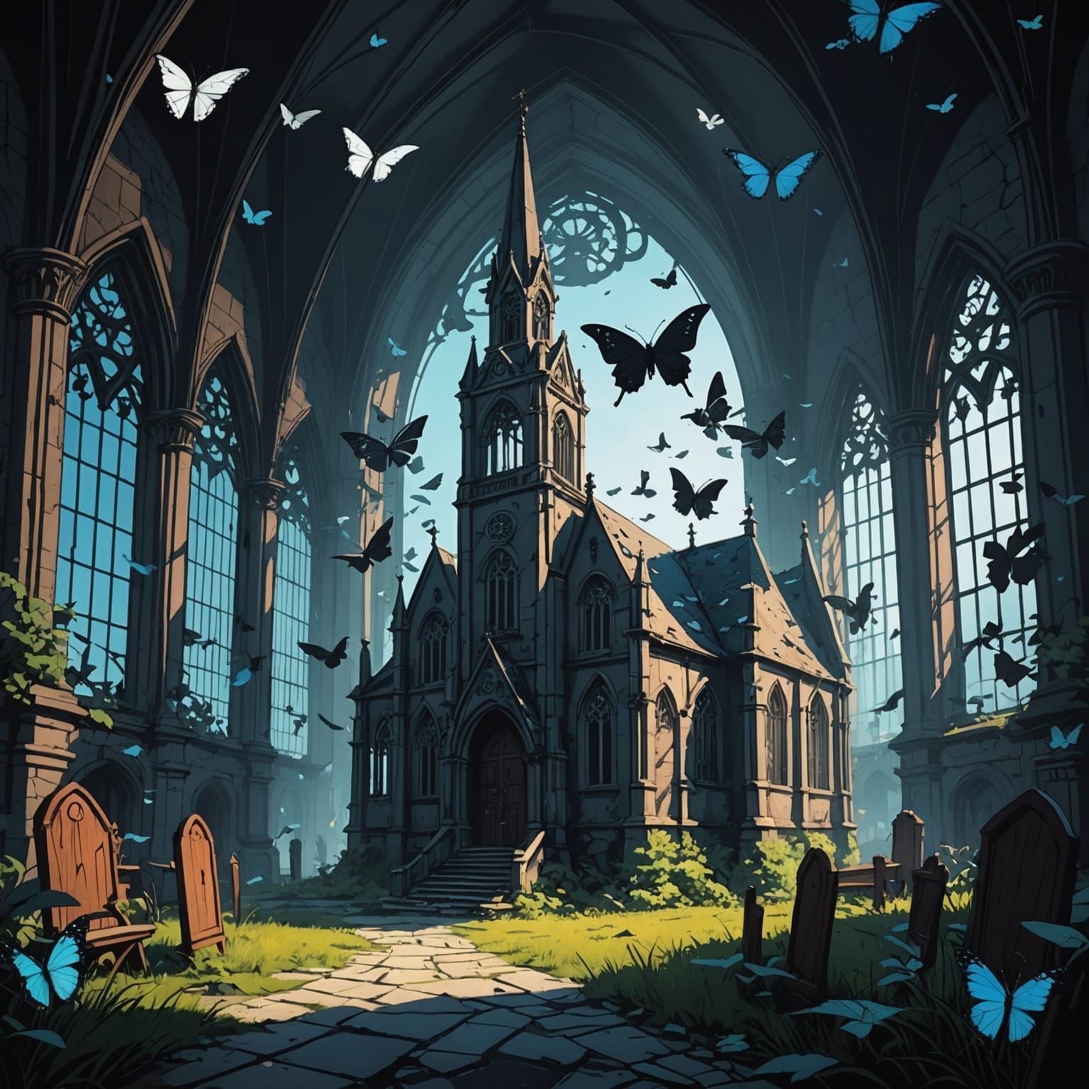 Gothic Butterflies Around Abandoned Church, Burton Style