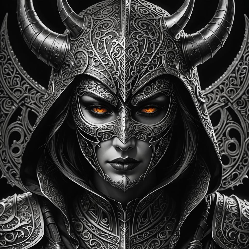 Demon Knight in Engraving Style with Neon Mask