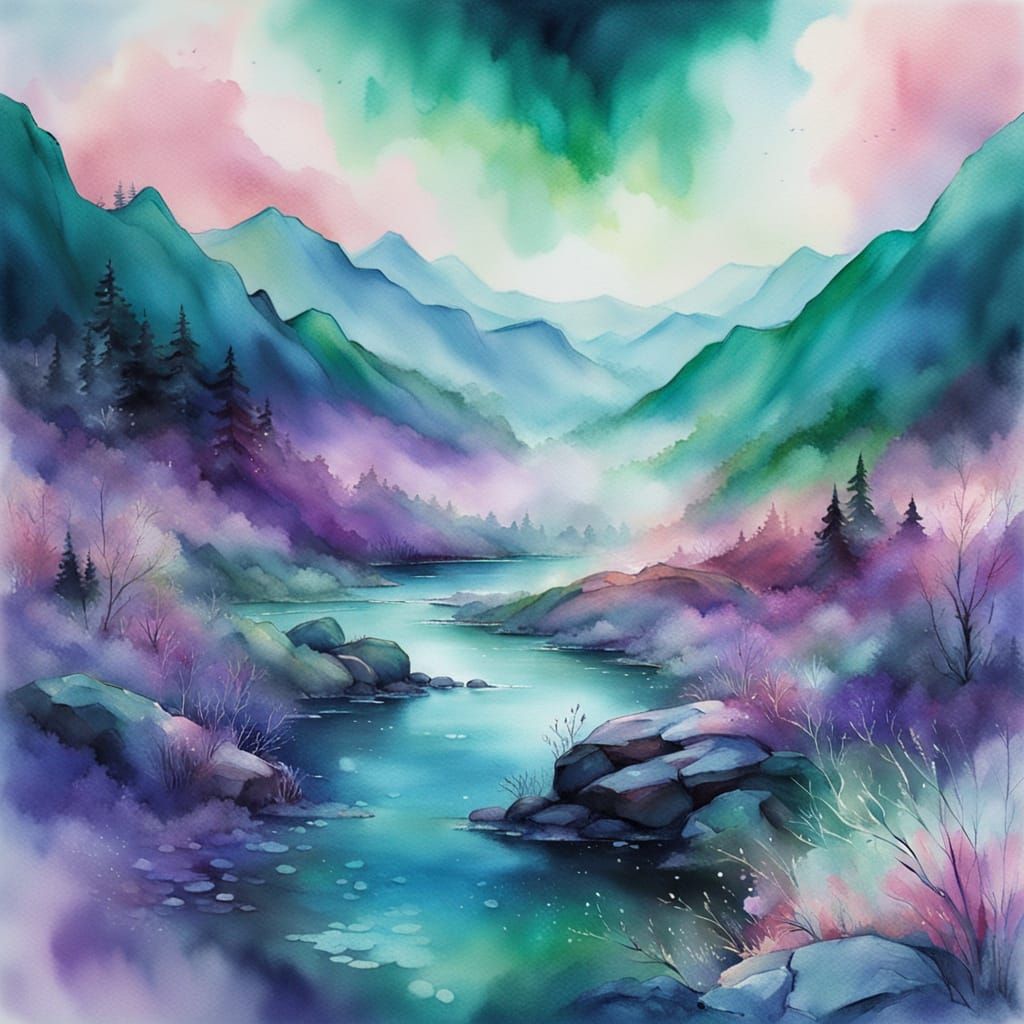 Misty Snowy Landscape in Watercolour Style