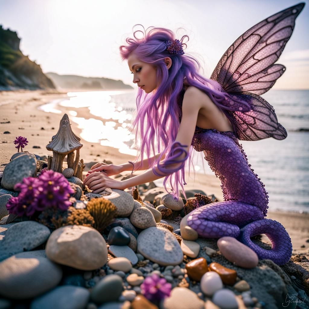 Fairy Mermaid Watching Pets Build Sandcastles: Fairycore