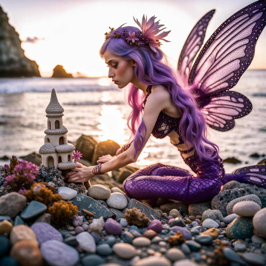 Fairy Mermaid Builds Sandcastles at the Beach