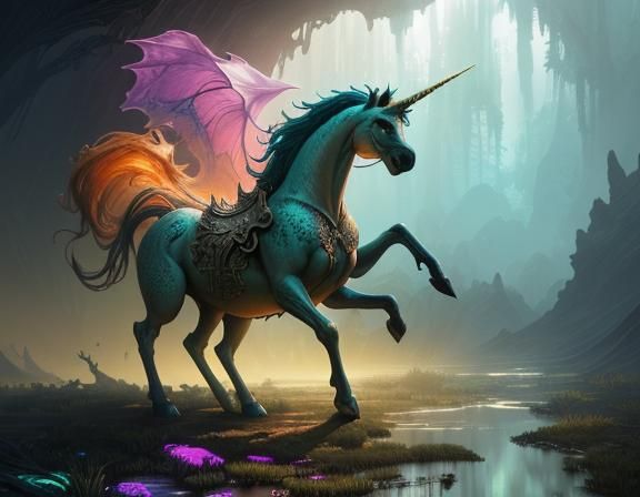 Unicorn Fossil in Swampy Landscape, Detailed Matte Painting