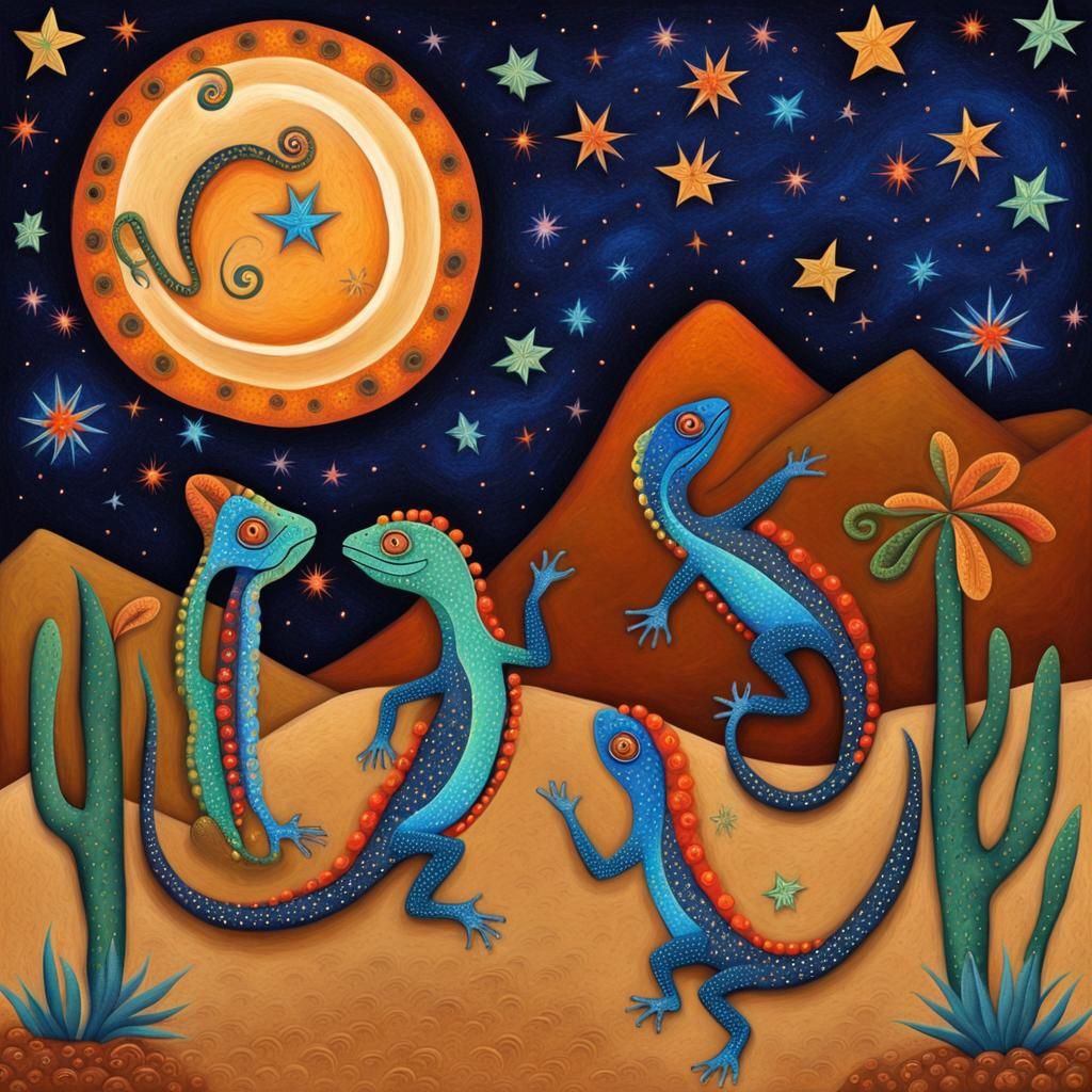 Lizards Dancing on Starlit Desert Night