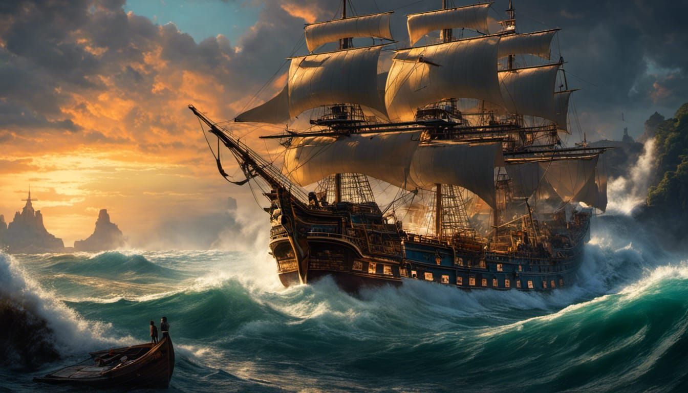 Pirate Ship Storm Battle in Impressionist Film Noir Style