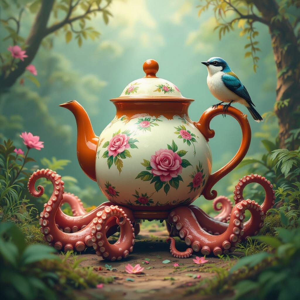 Whimsical Teapot Creature in Lush Environment as Matte Paint...