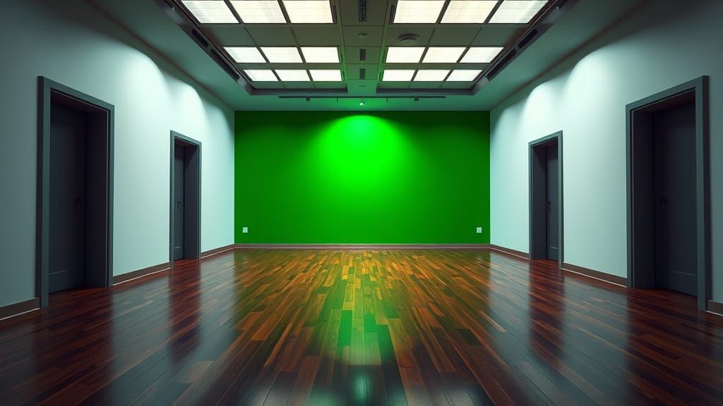 Hyper-Realistic Television Studio Hallway in Vibrant Green a...