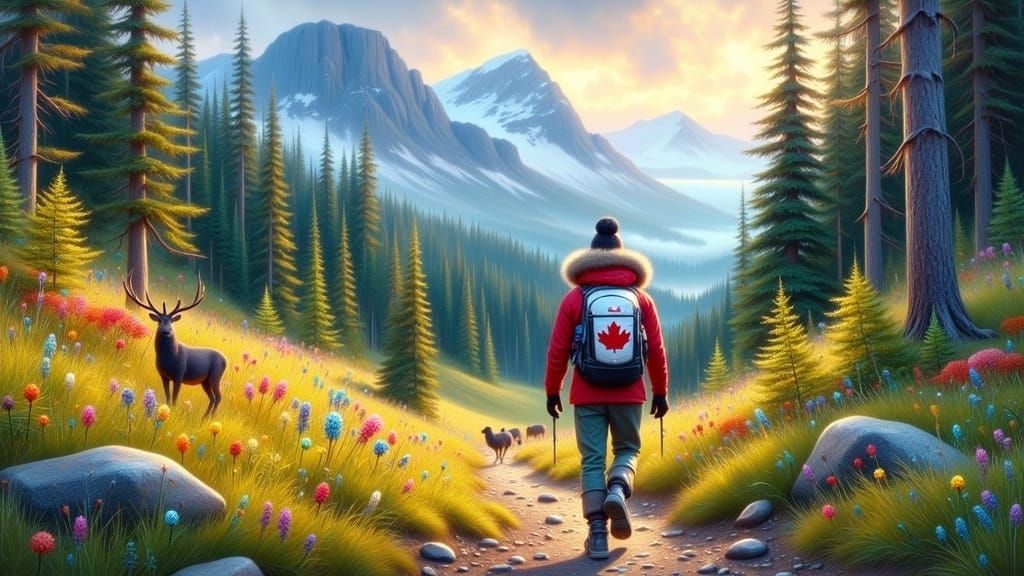 A Hiker Walking in the Canadian Wilderness with the Maple Le...