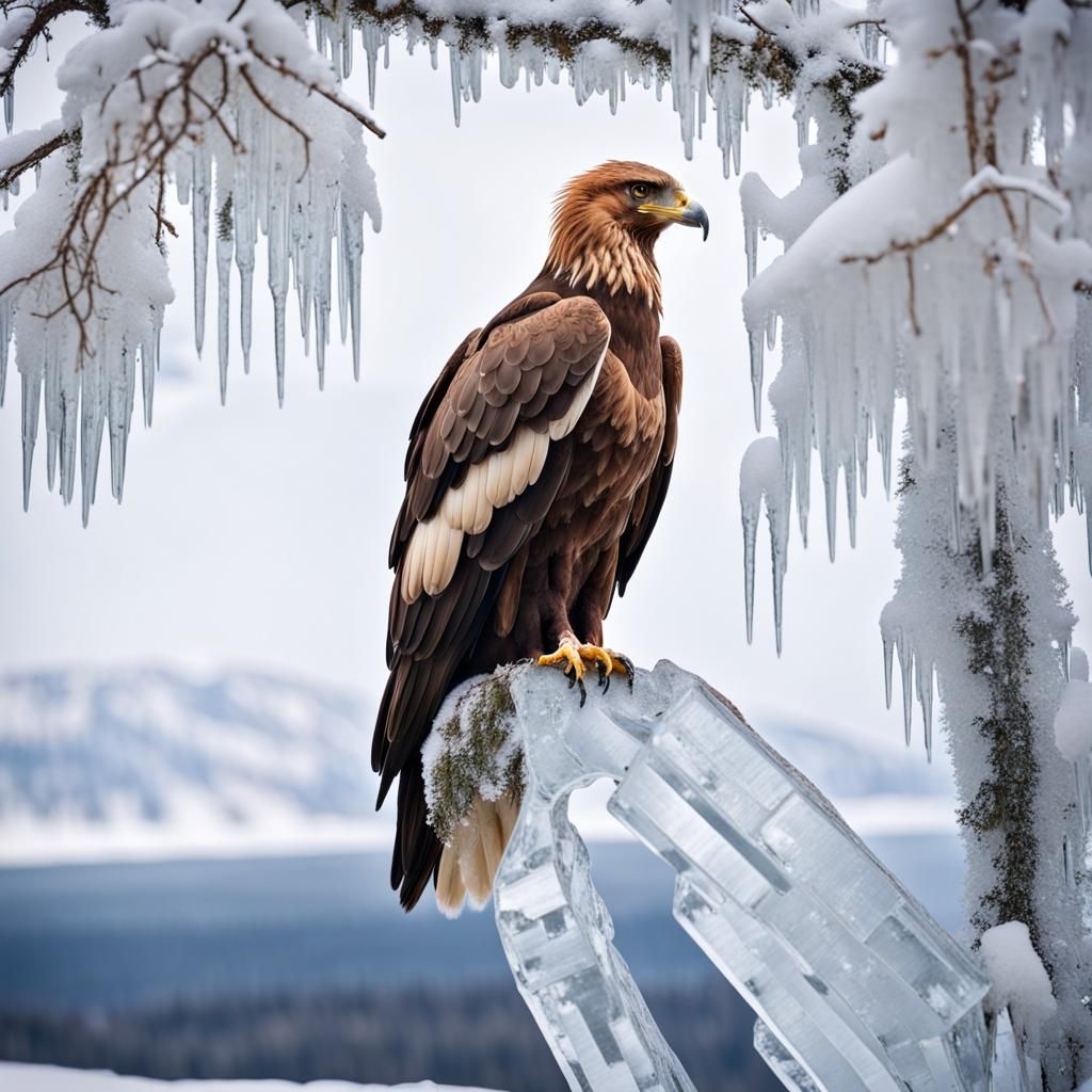 Golden Eagle on Elegant Ice Tree in Winter