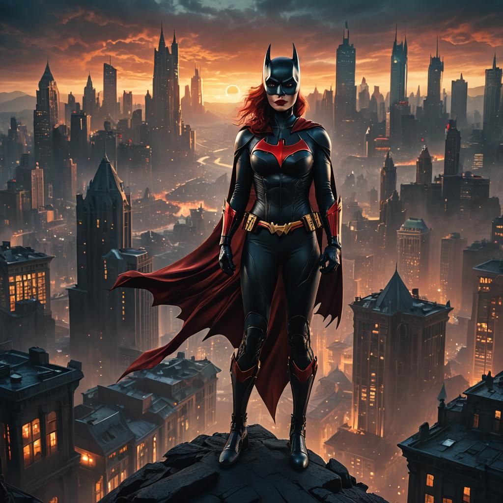 Batwoman in Mystical Cityscape: Fantasy Concept Art