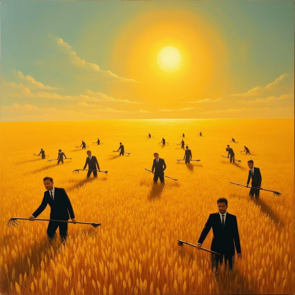 Farmers in Suits Harvest Wheat Field Under Blazing Sun