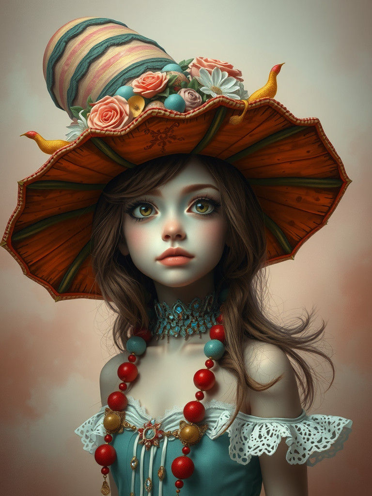 Young Woman in Surreal Hat, Detailed Digital Art