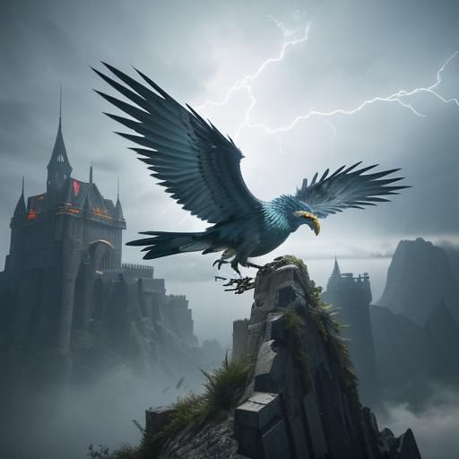 Thunderclap Gryphon Soaring Over Castle, Cyberpunk 3D Render