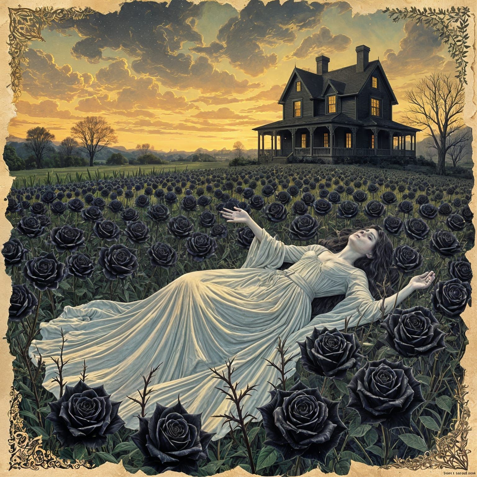 Ethereal Spectral Figure in Rose Field: Golden Age Illustrat...