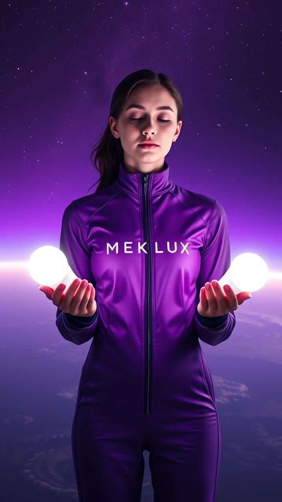Realistic Girl in Purple Jumpsuit Amidst the Universe